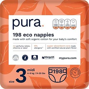 Pura Couches Bébé, Taille 3 (Midi 4-9kg), 198 Couches (6 x 33 par Paquet), Pack D'un Mois, Certifiées EU Ecolabel, Adaptées Aux Peaux Sensibles, en Coton Biologique, Sans Parfum, Ultra-Absorbantes - Publicité