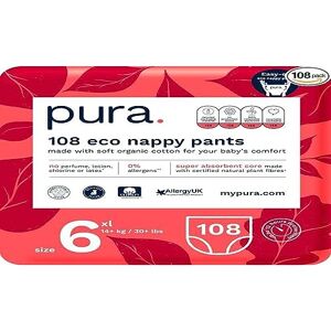 Pura Couches-Culottes, Taille 6 (14kg+), 108 Couches (6 x 18 par Paquet), Pack D'un Mois, Certifiées EU Ecolabel, Adaptées Aux Peaux Sensibles, en Coton Biologique, Sans Parfum, Ultra-Absorbantes - Publicité