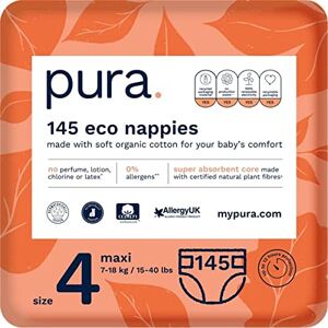 Pura Couches Bébé, Taille 4 (Maxi 4-9kg), 198 Couches (5 x 29 par Paquet), Pack D'un Mois, Certifiées EU Ecolabel, Adaptées Aux Peaux Sensibles, en Coton Biologique, Sans Parfum, Ultra-Absorbantes - Publicité