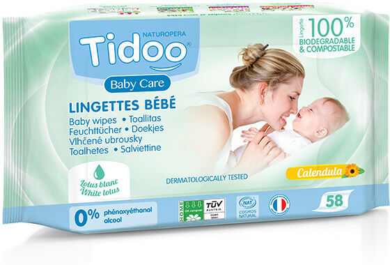 Tidoo Lingettes Compostables au Calendula Avec Parfum Naturel Bio 58 lingettes