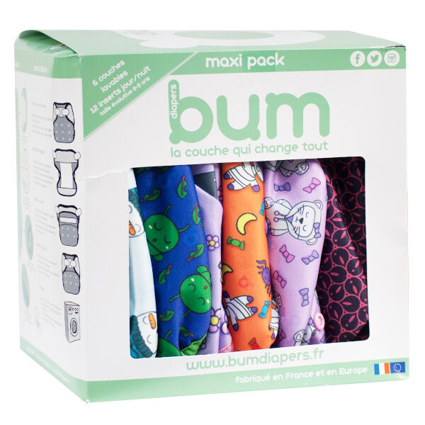Bumdiapers Maxi Pack Girly 6 Couches Lavables + 12 Inserts Jour/Nuit 0-3 ans