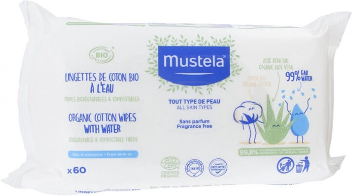 Mustela Lingettes de coton Bio à l'eau - X 60 lingettes