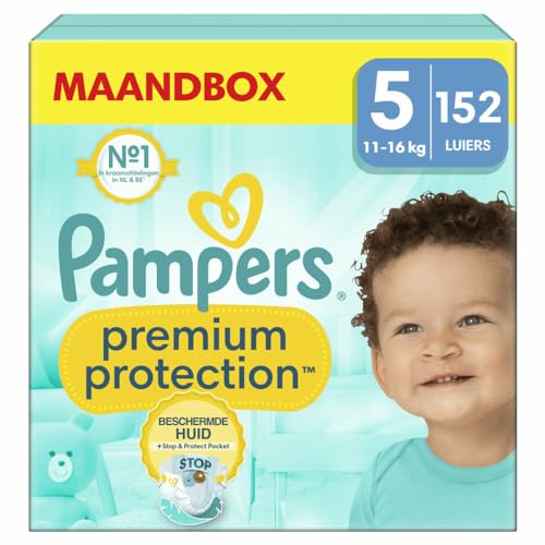 Pampers Pannolini per bambini taglia 5 (11-16 kg) Premium Protection, Junior, MONATSBOX, miglior comfort e protezione per pelli sensibili, 152 pezzi
