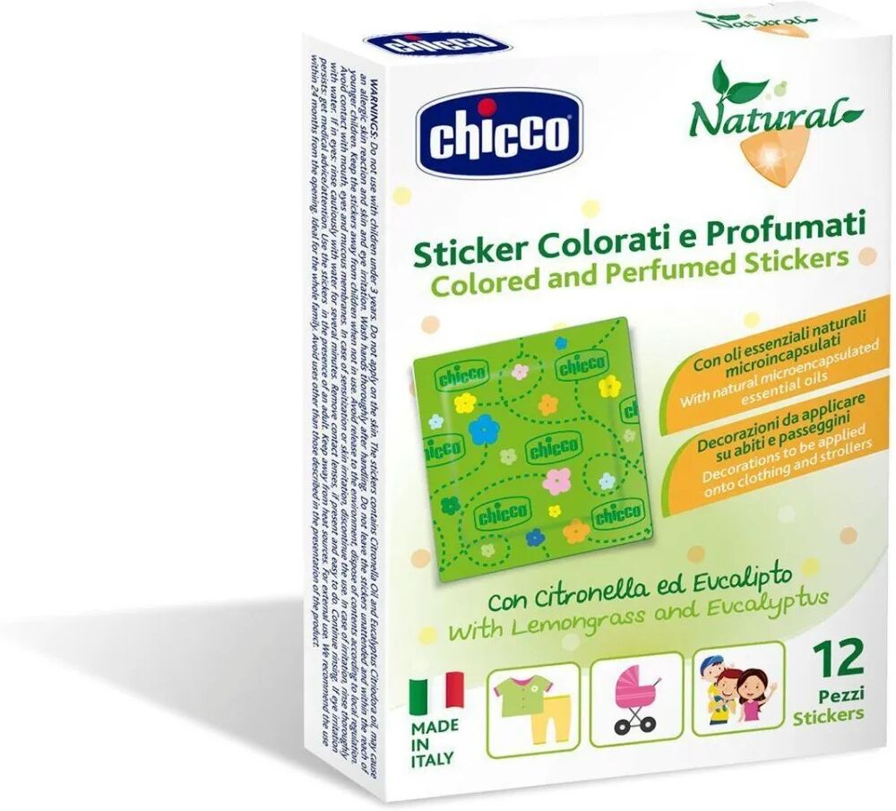 Chicco Natural Sticker Colorati e Profumati Alla Citronella Ed Eucalipto Antizanzare Bambini 12 Pezzi