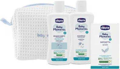 chicco cofanetto baby moments beauty bag azzurro pelli delicate bagnoschiuma + shampoo + sapone solido