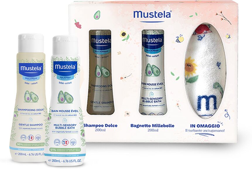 Mustela Cofanetto Bagnetto Turbante + Shampoo Dolce 200 ml + Bagnetto Millebolle 200 ml