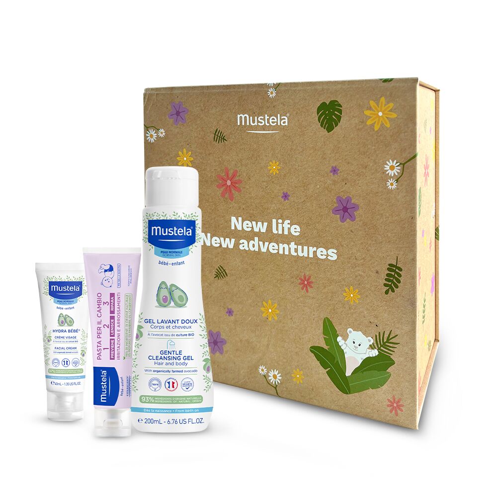 Mustela Cofanetto Riutilizzabile Con Detergente Delicato 200 ml + Hydra Bebé 40 ml + Pasta cambio 50 ml