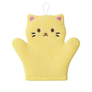 KMOCEPLY Bath Gloves for Shower Natural Baby Bath Mitt Washcloths Animal Bath Body Wash Gloves Soft Style Exfoliated Scrubber Glove Adorable Double Sided Microfiber Animal Shower Gloves (Yellow Cat)