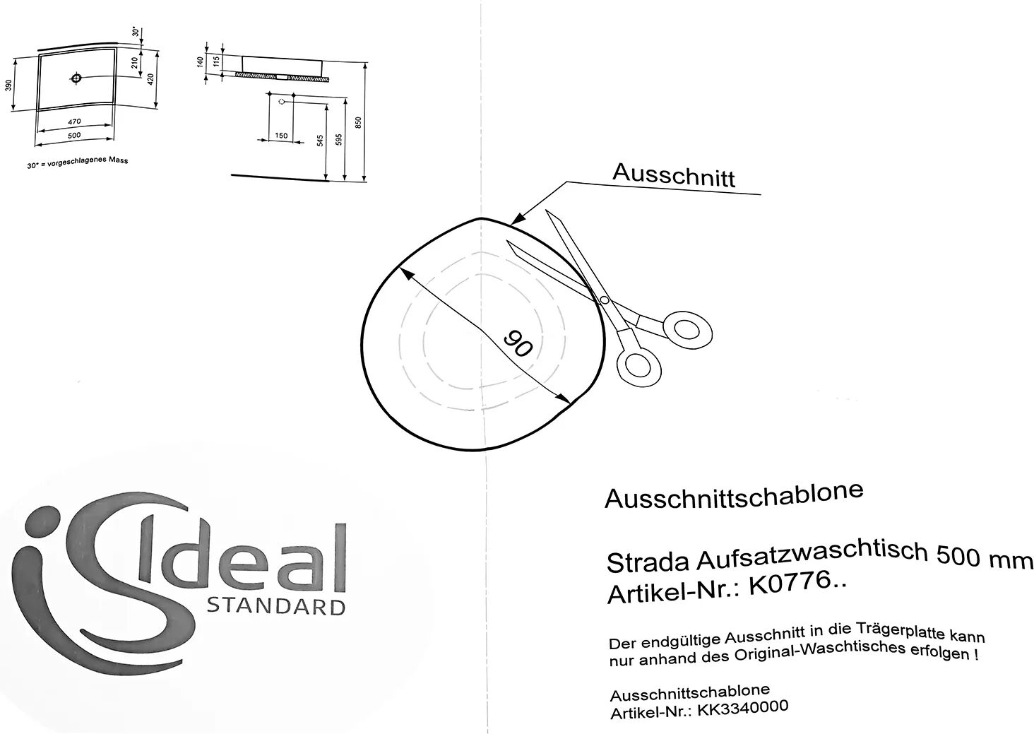 Ideal Standard für Strada Aufsatzwaschtisch 50 cm für Strada Waschtisch Art.K077601   KK3340000