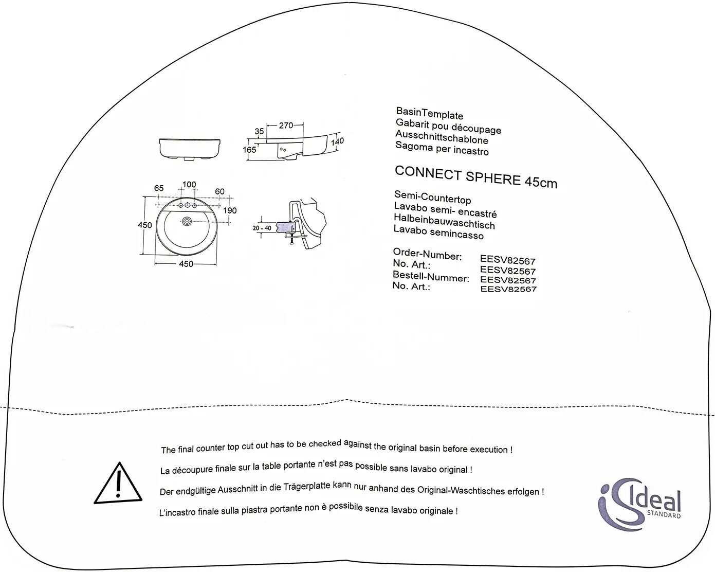 Ideal Standard für Connect Sphere Halbeinbauwaschtisch 45 cm für Connect Sphere Halbeinbauwaschtisch 45 cm   EESV82567