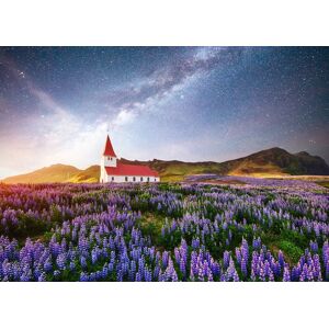 Papermoon Fototapete »BLUMEN-WIESE-FELD ISLAND KIRCHE STERNE HIMMEL BERGE« bunt  B/L: 4,00 m x 2,60 m