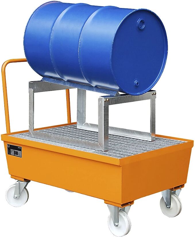 EUROKRAFTpro Fahrbare Stahl-Auffangwanne mit Randprofilierung für 200-l-Fass, 1 x liegend LxBxH 1200 x 800 x 570 mm, orange RAL 2000, mit Fassbock