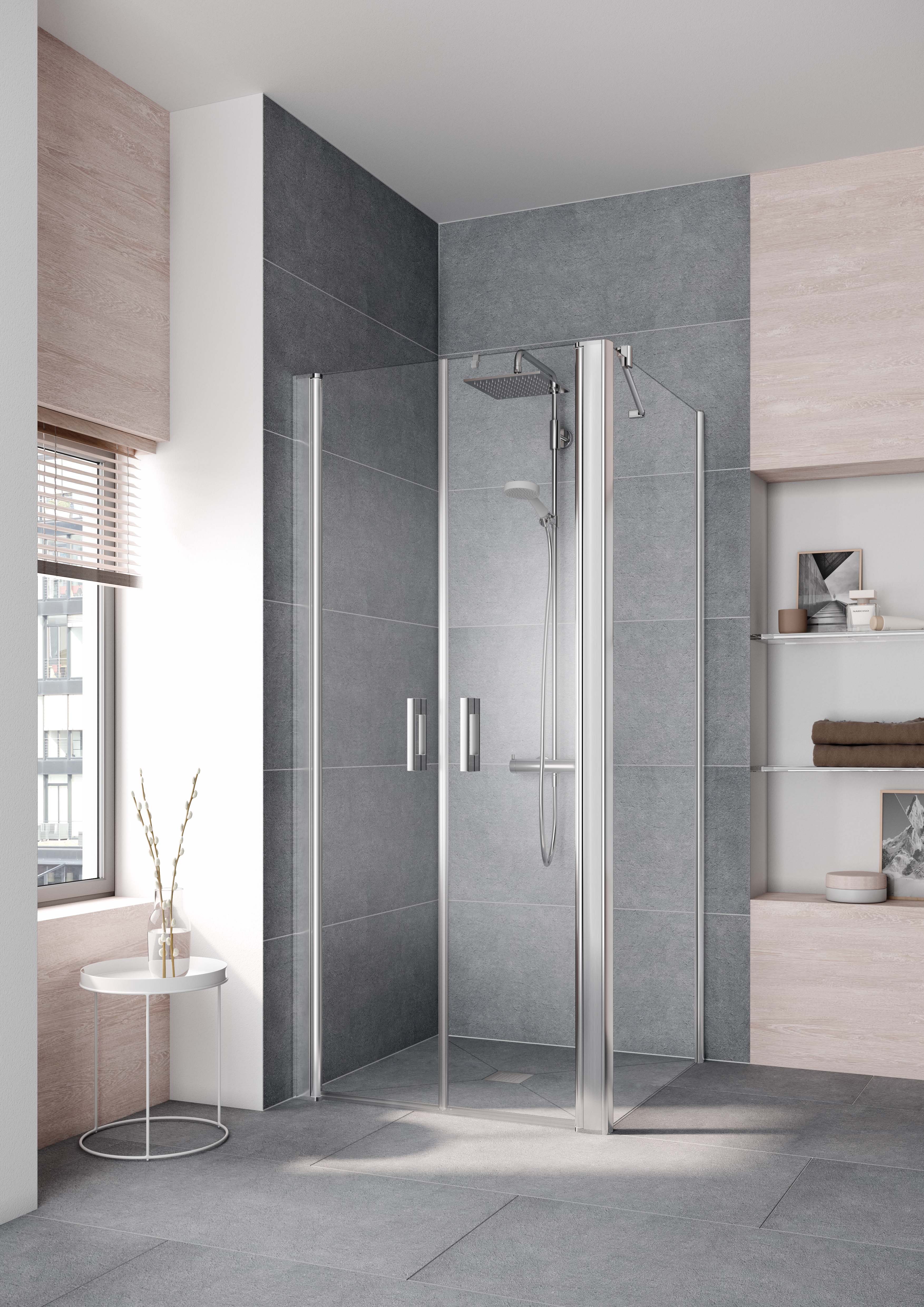 Kermi Pega Seitenwand PETWD09318VYK 93x185cm, silber hochglanz ESG SR Opaco Clean, auf Duschplatz