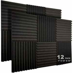 RICEEL 12 Stück Akustikplatten, 10 Schlitze, 1 x 12 x 12 Zoll, Akustikschaum, Studio-Schallschutzkeile, hochdichte, feuerbeständige Platten (schwarz)