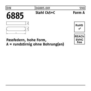 Passfeder DIN 6885 Form A rundstirnig/o.Bohrung A 5 x 5 x 20 Stahl C45+C
