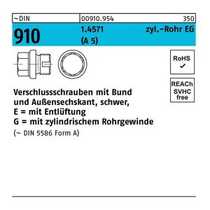 Verschlußschraube DIN 910-2 m.Bund/Außen-6-kant EG 1/2 A A5 / 1.4571 m.Entlüftung
