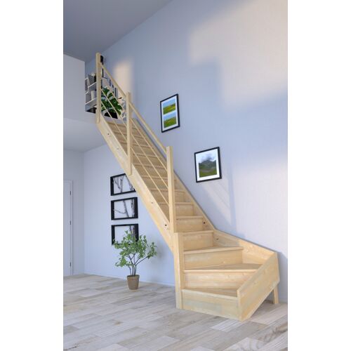 STARWOOD Raumspartreppe „Massivholz Korfu, Holz-Holz Design Geländer“ Treppen gewendelt Links, Durchgehende Wangenteile Gr. gewendelt, beige (natur) Treppen