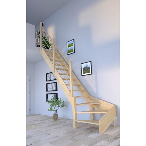 STARWOOD Raumspartreppe „Massivholz Korfu, Holz-Holz Design Geländer“ Treppen gewendelt Links, Durchgehende Wangenteile Gr. gewendelt, beige (natur) Treppen