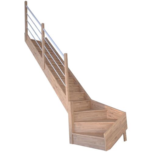 STARWOOD Raumspartreppe „Massivholz Rhodos, Holz-Edelstahl Weiß“ Treppen gewendelt Links, Durchgehende Wangenteile Gr. gewendelt, beige (natur, weiß) Treppen