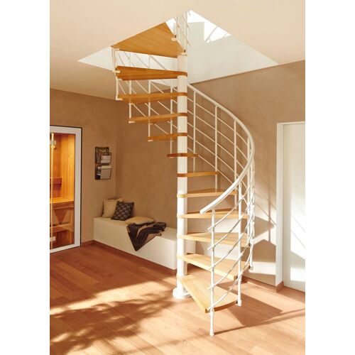 DOLLE Spindeltreppe „Oslo“ Treppen Ø 140 cm, Stufen aus Leimholz, lackiert, Metall pulverbeschichtet weiß Gr. gewendelt, braun (braun, weiß) Treppen