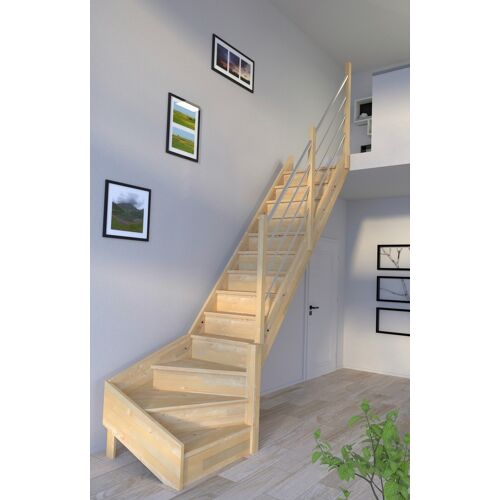 STARWOOD Raumspartreppe „Massivholz Korfu, mit Holz-Edelstahl“ Treppen gewendelt Rechts, Durchgehende Wangenteile Gr. gewendelt, beige (natur) Treppen