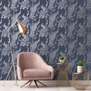 DUTCH WALLCOVERINGS tapet Peacock marineblå og sølvfarvet