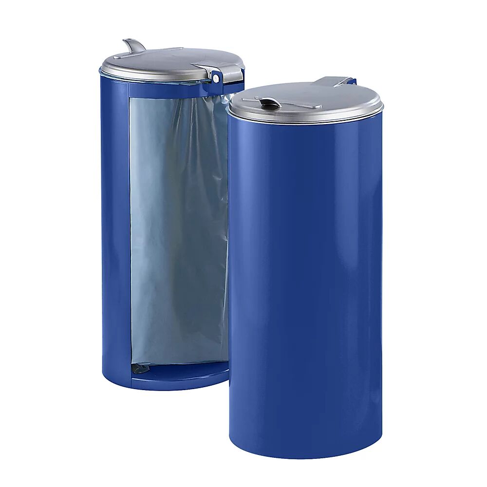 VAR Colector de residuos de chapa de acero, para 120 l de capacidad, frente revestido, azul con tapa de plástico plateada
