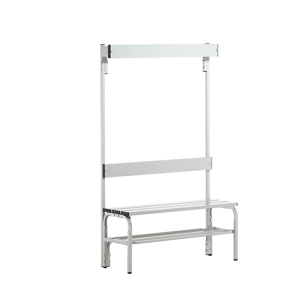 Sypro Banco para vestuarios con listones de aluminio, H x P 1650 x 375 mm, por un lado, longitud 1015 mm, 3 ganchos, gris luminoso, rejilla para zapatos