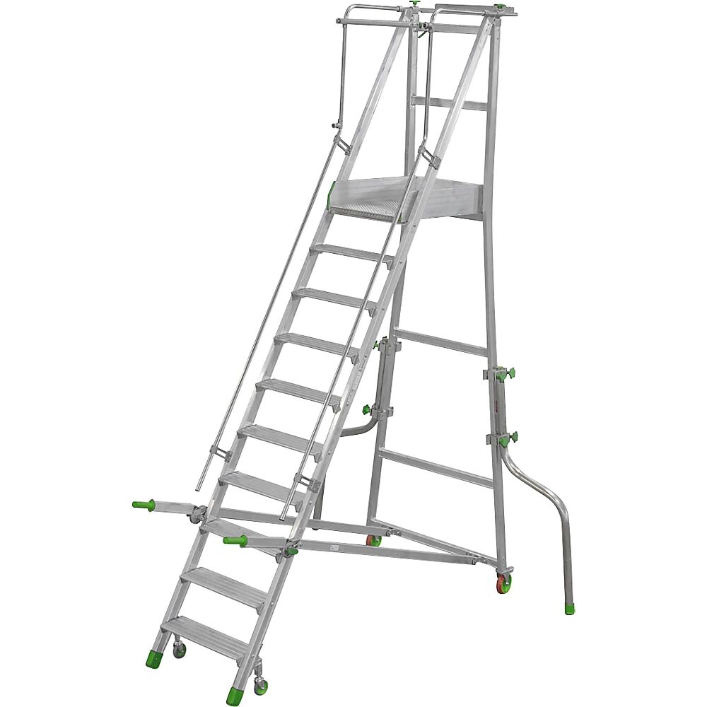 kaiserkraft Escalera de aluminio móvil con tarima, plegable, con peldaños de aluminio acanalados, 10 peldaños incl. plataforma