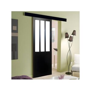 Porte Coulissant Atelier Noir H204 X L93 + Rail Alu Bandeau Noir Et 2 Coquilles Gd Menuiseries