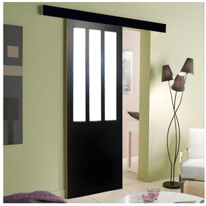 Porte Coulissant Atelier Noir H204 X L93 + Rail Alu Bandeau Noir Et 2 Coquilles Gd Menuiseries