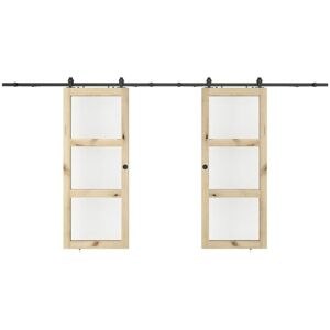 Vente-unique Porte coulissante double en applique en bois et verre trempe depoli - 3 fenetres - 2 x H205 x L63 cm - ACOSTA II