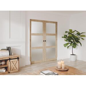 Vente-unique Porte coulissante double avec systeme a galandage en bois et verre trempe depoli - 3 fenetres - 2 x H205 x L63 cm - ACOSTA II