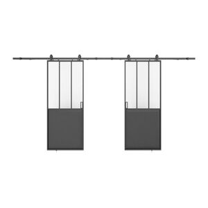 Vente-unique Porte coulissante double atelier en applique - Noir et verre trempe depoli - 2 x H205 x L73 cm - ARTISTO II