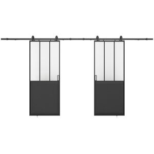 Vente-unique Porte coulissante double atelier en applique - Noir et verre trempe - 2 x H205 x L93 cm - ARTISTO II