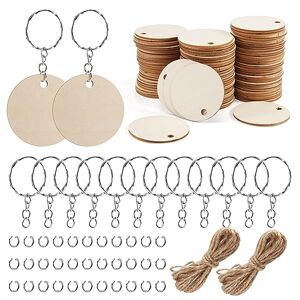 CosyCaya Lot de 100 disques en bois de bricolage Trou rond de 5 cm Étiquettes vierges en bois avec 100 porte-clés et 10 m de pour bricolage, peinture, décoration à suspendre pour fête, - Publicité