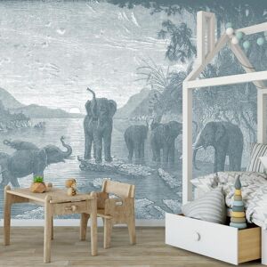 Ciment Factory Papier peint panoramique gravure les éléphants 390x270cm Bleu 390x270x390cm