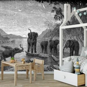 Ciment Factory Papier peint panoramique gravure les éléphants 390x270cm Noir 390x270x390cm