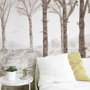 Papier peint panoramique paysage forêt de bouleau brun 225x250cm