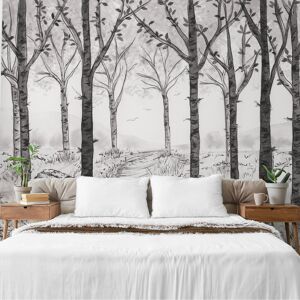 Acte Deco Papier peint panoramique paysage foret de bouleau noir et blanc 525x25