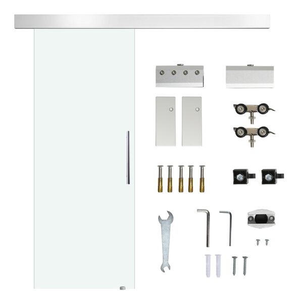 homcom porta scorrevole in vetro trasparente con binario e maniglia in alluminio per bagno cucina studio 210x75x0.8cm