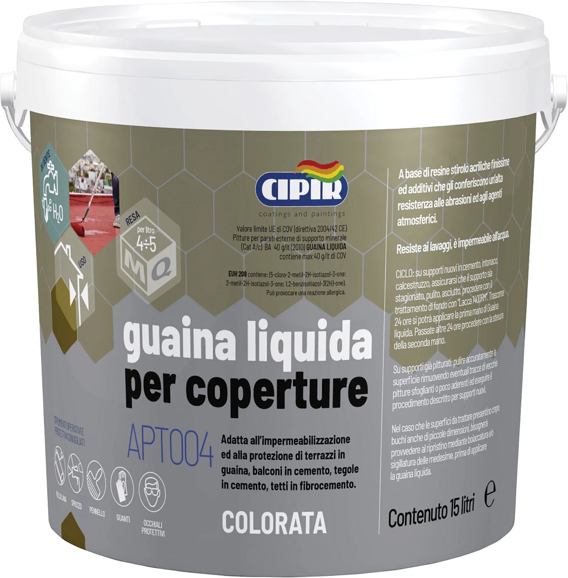 Cipir GUAINA LIQUIDA  GRIGIO PERLA 15 l PER CEMENTO E FIBROCEMENTO 4,5 m² CON 1 l DILUITO