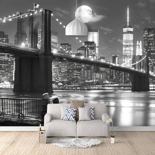 SPECUFX Premium fotobehang zelfklevend zwart-wit nachtzicht van de stad 500 x 350 cm XXL design behang fotobehang vinyl behang wandbehang moderne muur slaapkamer woonkamer 3D-effect