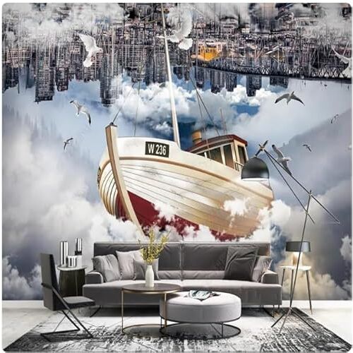 MOBYAT 3D-behang stad gebouw zeilboot wolk hemel behang foto behang voor woonkamer slaapkamer woondecoratie 3D, 400 x 280 cm