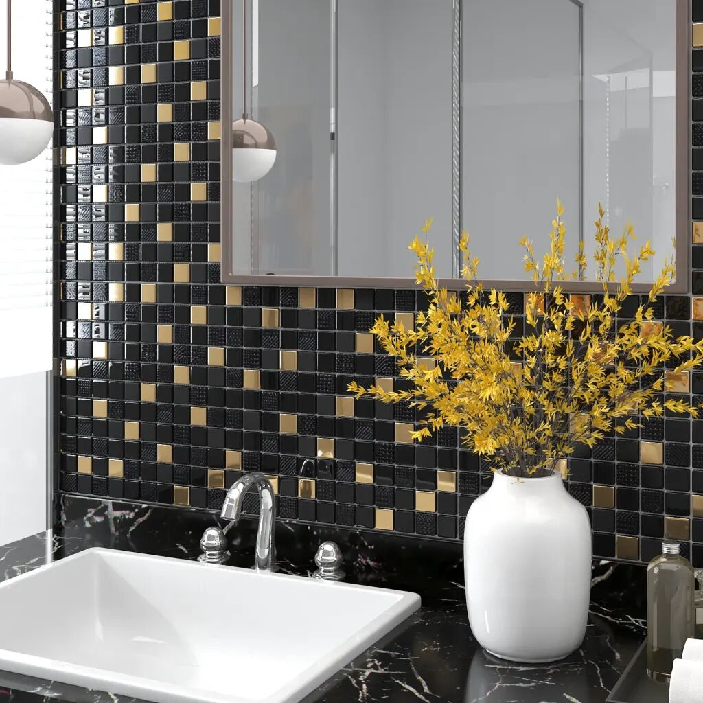 vidaXL Ladrilhos mosaico 22 pcs 30x30cm vidro preto e dourado