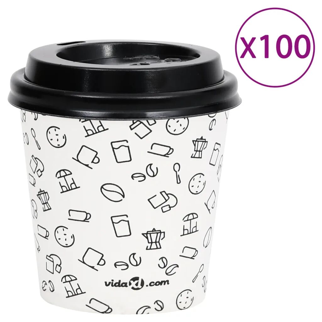 vidaXL Copos de café com tampas papel 120 ml 100 pcs branco/preto