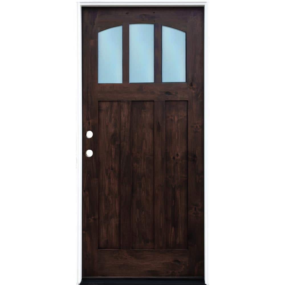 Pacific Entries 36 in. x 80 in. Craftsman Espresso Right Hand Inswing 3-lite w/ Arched Reed Glass Stained Alder Wood Pre-Hung Front Door