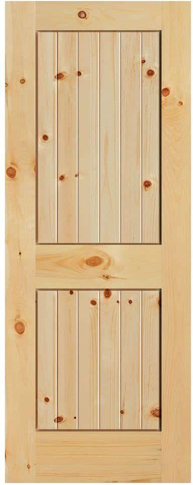 Masonite 40 in. x 84 in. Knotty Pine Veneer 2 Panel Plank V-Groove Solid Wood Interior Barn Door Slab