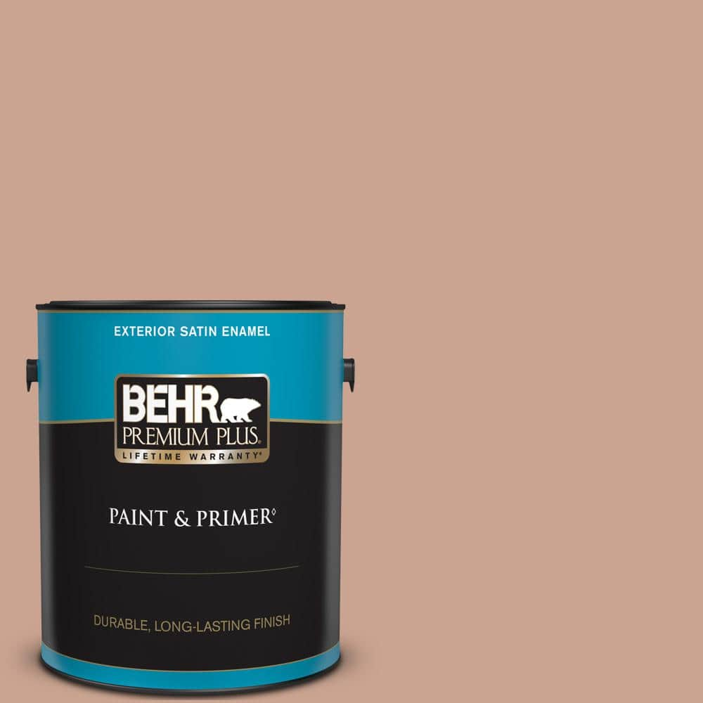 BEHR PREMIUM PLUS 1 gal. #220F-4 Sombrero Tan Satin Enamel Exterior Paint & Primer