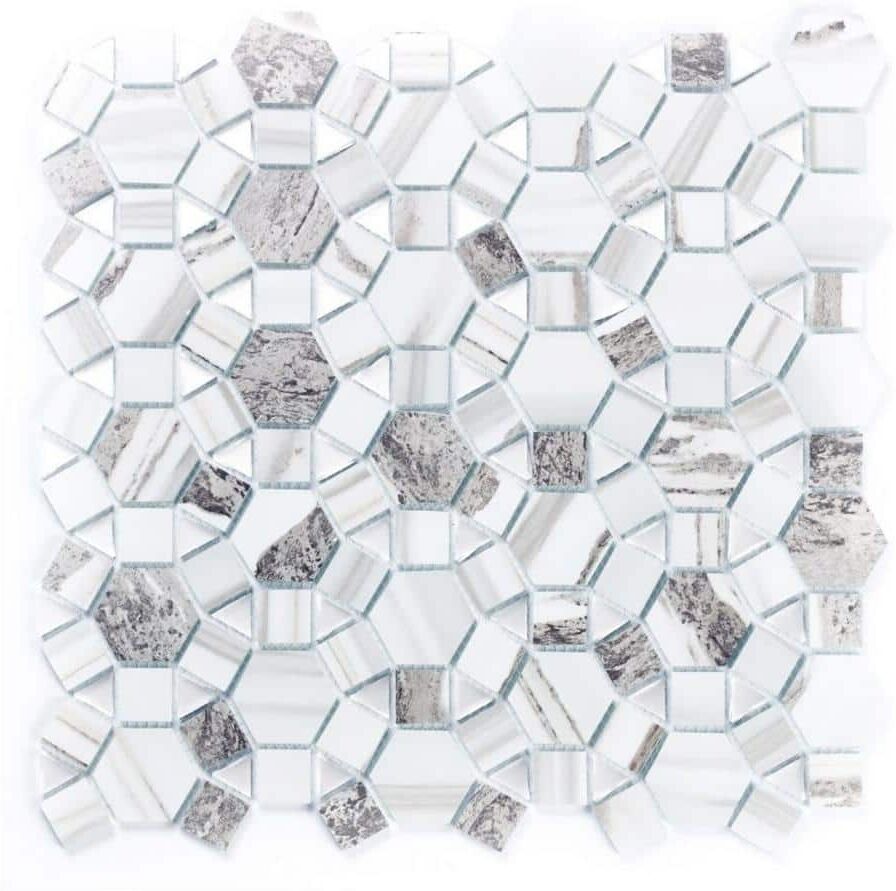 ABOLOS Art Deco White & Gray Cobblestone Mosaic 12 in. x 12 in. Wood Look Glass Decorative Wall Tile (10 sq. ft./Case)